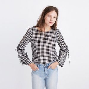 Madewell gingham lace up bell sleeve top XS